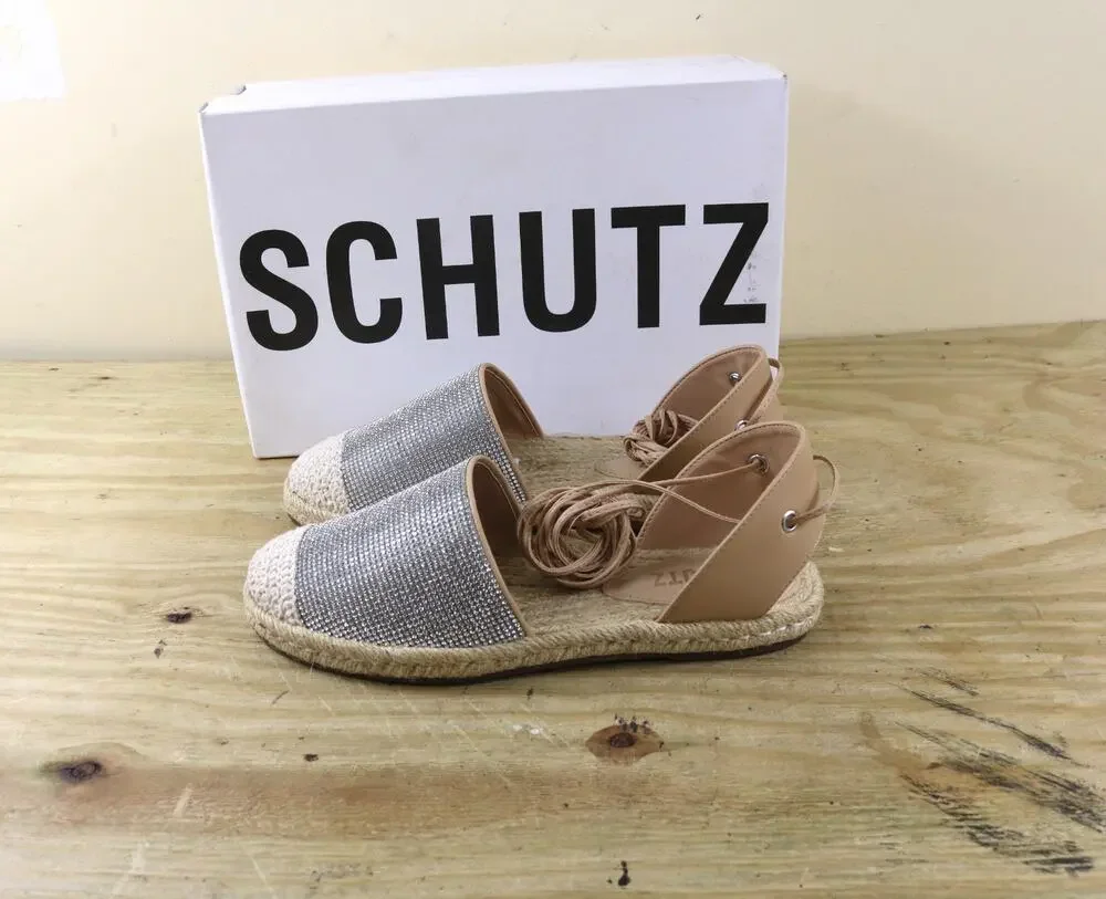 New Schutz Sandals 6B Brown Rhinestone Crystals Espadrilles Celinah Flats Shoes